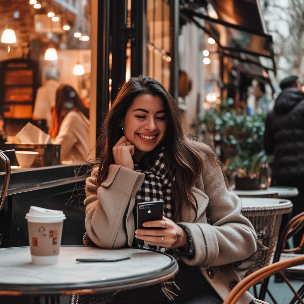 Woman chatting on her smartphone in a cafe